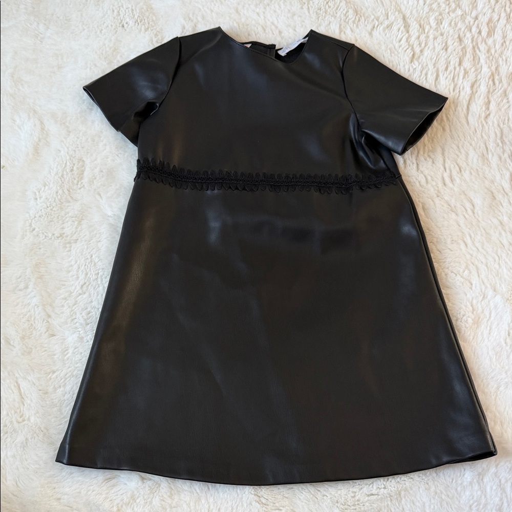 Zara Black Faux Leather Short Sleeve Dress with Waist Trim